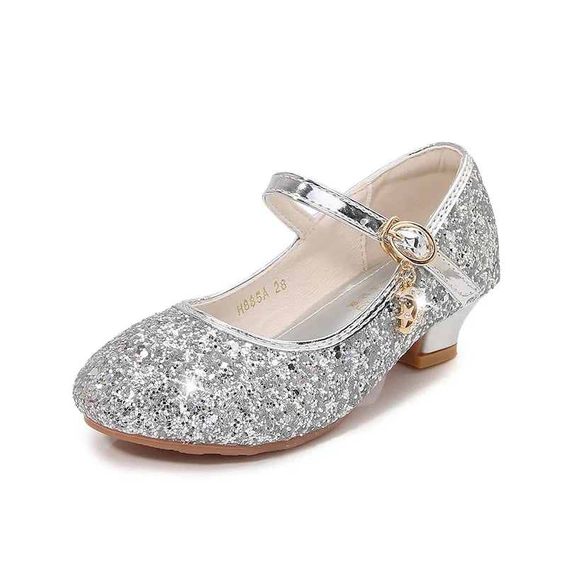 Classic Children High Heels Leather Shoes Fashion Sequins Elegant Kids Girls Wedding Shoes Princess Party Dress Single Shoes
