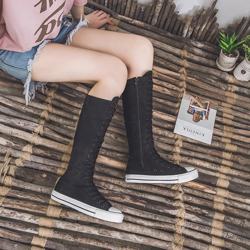 New Women's Canvas Boots Zip Shoes Comfortable Womens Shoes Flat High-top Female Sneakers Lace-up Knee-high Boots Bota Feminina