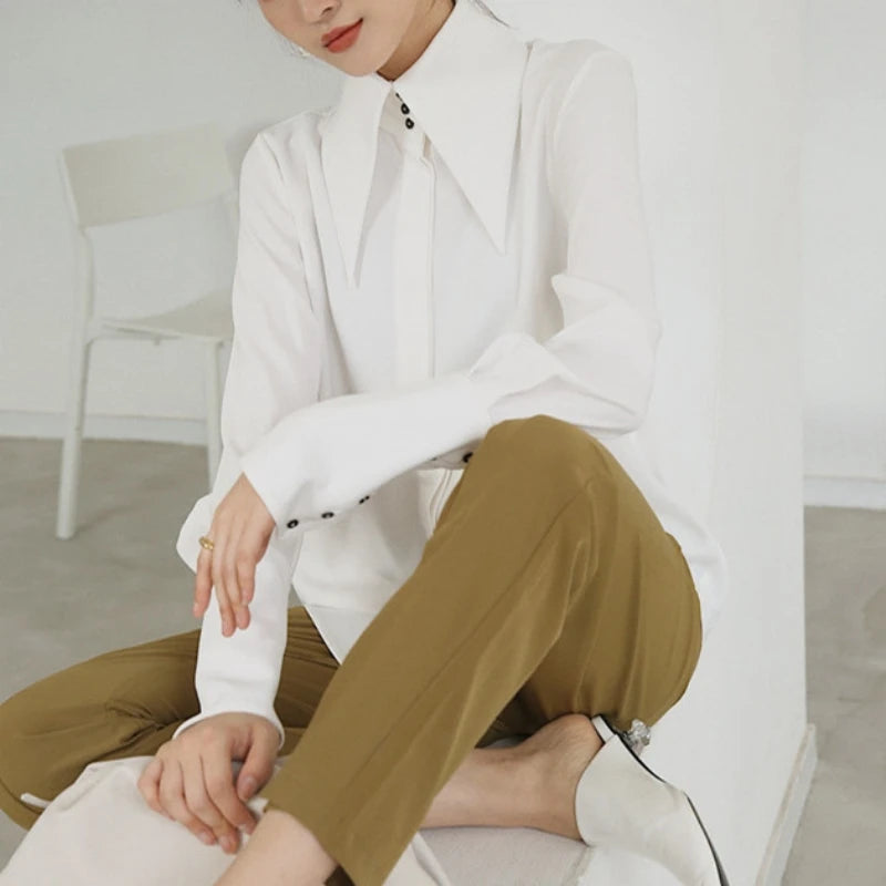 Stylish Elegant Turn Down Collar White Long Sleeve Satin Shirts Fashion Woman Vintage Blouse 2024 Office Lady Tops Blusas 16946