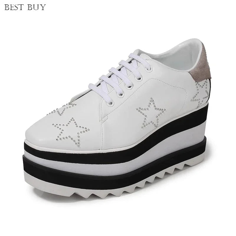 New beige Women Platform Casual Shoes 2024 Spring Black Casual Chunky Sneakers Women Real Leather White Height Increasing Shoes