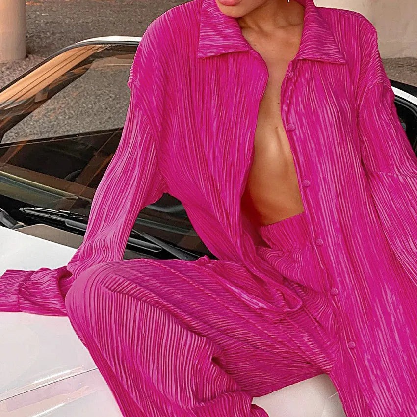 New Two Piece Set Women Outfits Pleated Women's Elegant  Drape Loose Sets Shirt High Waist Trousers Female Suit Fashion Casual