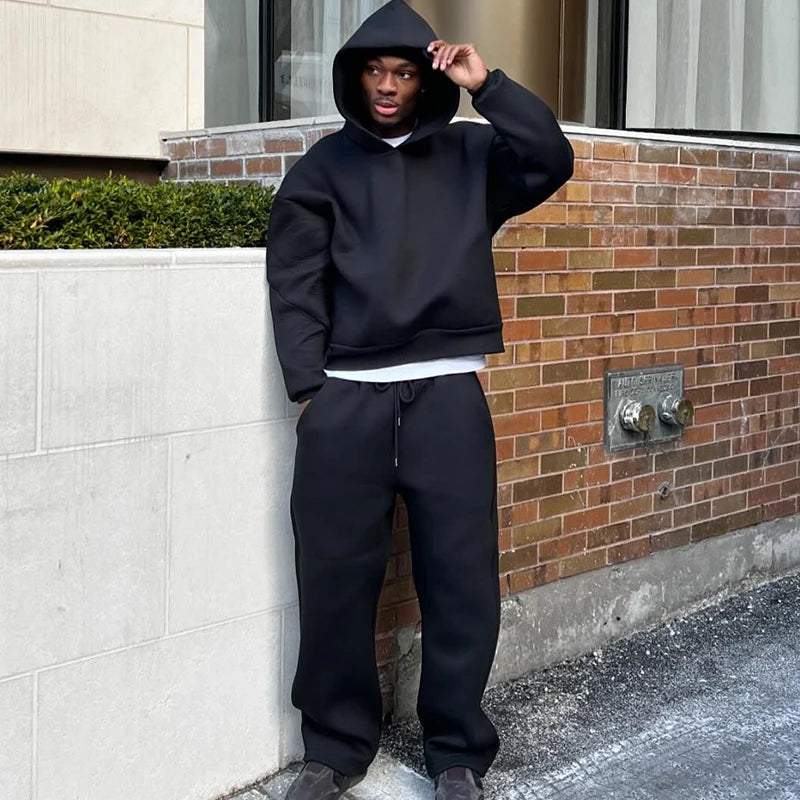 Men's Casual Solid Hooded Pullover Straight Pants 2 Piece Set Tracksuit For Fashion Loose Hoodies Sweatshirt Wide Leg Sweatpants
