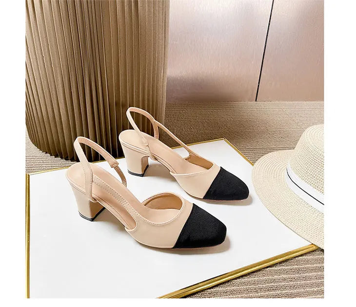 2023Spring Autumn Fashion High Heels Sandals Women's Dress Square Toe Slingback Shoes Women's Color Block Back With Flat Sandals