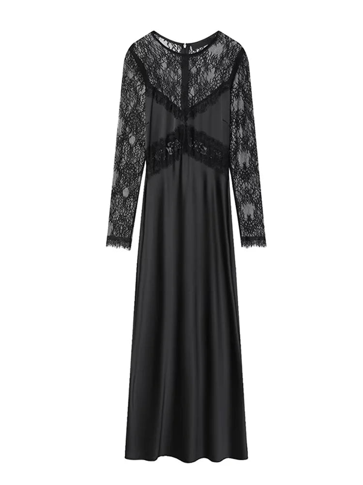 Lace Patchwork Long Evening Dress With Sheer Sleeves For Women Clubwear
