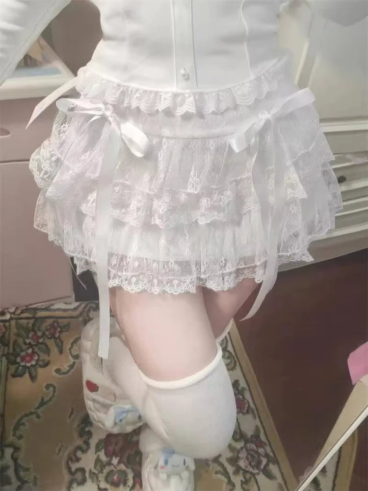 Mini Skirts for Women Sweet Cute Jupe Fashion Summer Japanese 2025 Faldas Mujer De Moda Bow Polka Dot Ruffles Y2k Skirt