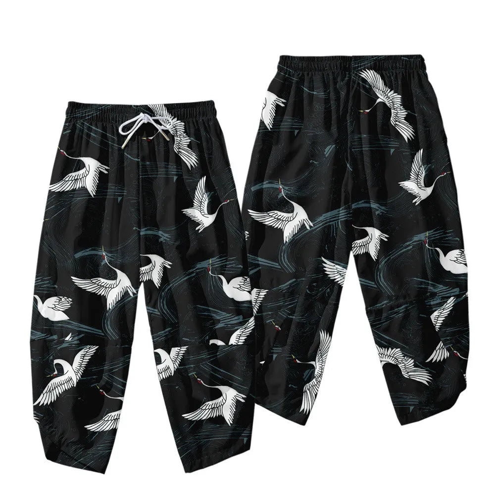 Men Yukata Style Harajuku Cardigan Traditional Japanese Great Wave of Kanagawa Crane Printed Trousers Asian Costume Kimono Pants