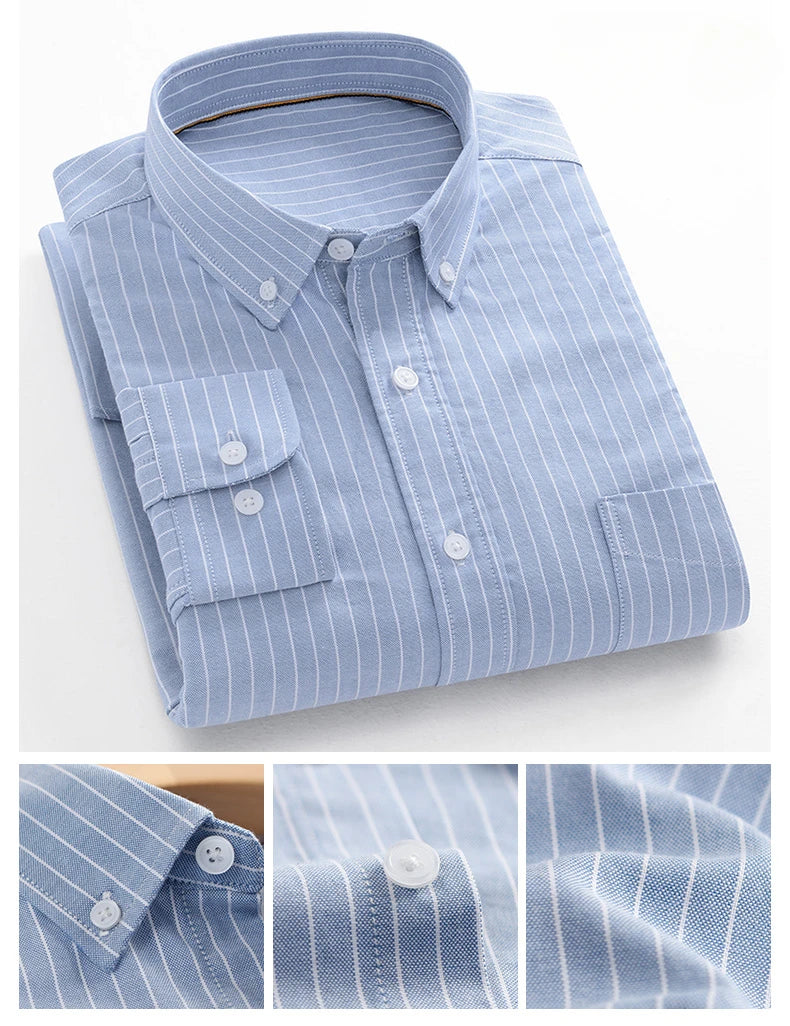 Fashion korean trends casual long-sleeve shirts for men slim fit plain shirt 100%cotton plaid striped tops soft designer clothes