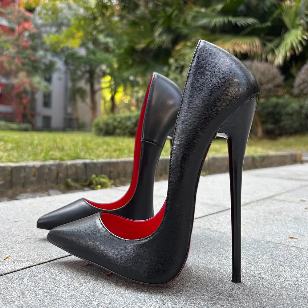 2026 Customize Side V Cut 16cm Ultra High Heels Matte Black Red inside Woman Pumps Curl Cut Slip on Pointed toe T-stage Shoes