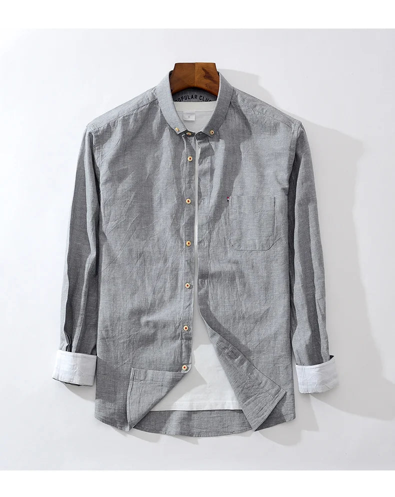 Shirt New Men's Fashion Solid Color Cotton Linen Everything Trend British Style Casual Business Formal Long-sleeved Shirt