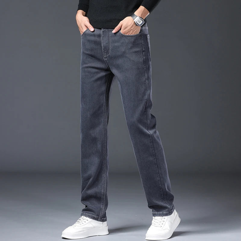 Gray Jeans Men's Fashion Spring Autumn Casual Elastic Trousers Classic Straight Business Work Vintage Washed Denim Pants