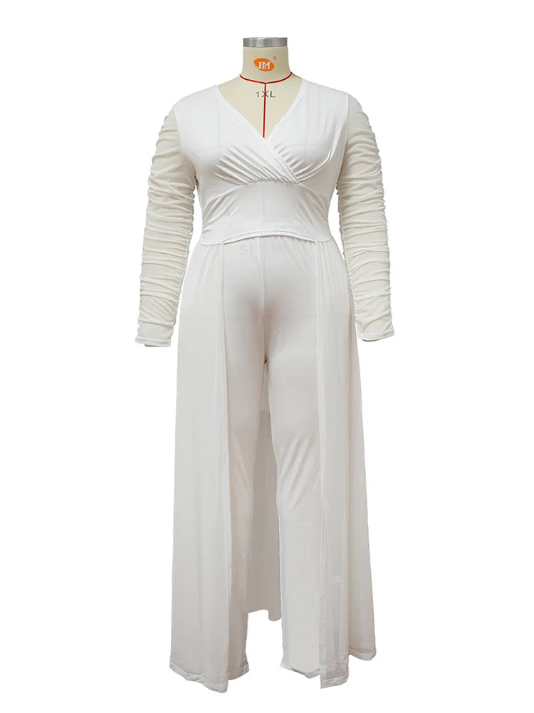2 Piece Sets Women Outfit Mesh Lace Sleeves Elegant Pants and Blouse Set Sexy Curve Plus Size Clothes Wholesale Dropshipping