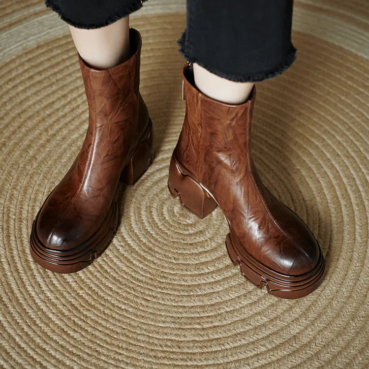 NEW Autumn Women Boots Genuine Leather Shoes for Women Round Toe Chunky Heel Shoes Concise Zip Platform Boots Soft Daily Shoes