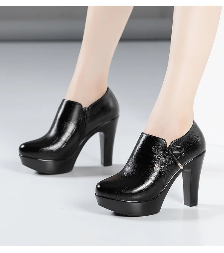 10cm Small Size 32-43 Elegant Black Bow Deep Mouth Thick Bottom Platform Pumps 2026 Winter Block High Heels Shoes Office Model