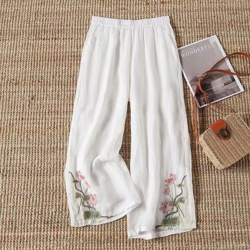 Chinese Style Vintage Embroidery Casual Trousers Women Summer Pants Literature Art National Style Retro Embroidery Bottoms