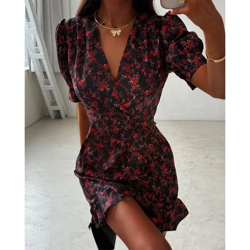Chic Ruffle Print Slim Fit Dress Women Chic Flared sleeves V-neck Pleated Short Dresses 2026 Lady Summer Casual Daily Vestidos BAZAARHUBO