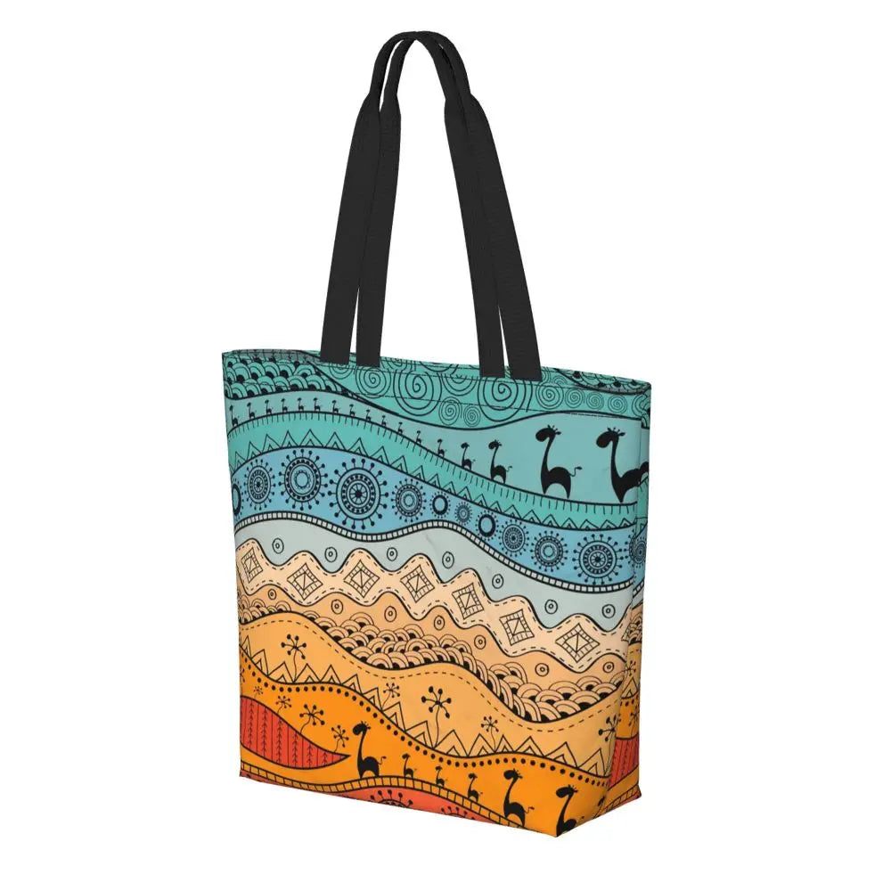 African Ankara Prints Grocery Shopping Tote Bags Women Geometric Ethnic Art Canvas Shoulder Shopper Bags Big Capacity Handbag