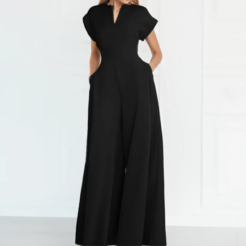 Elegant Solid Color V Neck Jumpsuit For Women High Waist Wide Leg Trousers With Pockets, Formal Office & Party Outfit