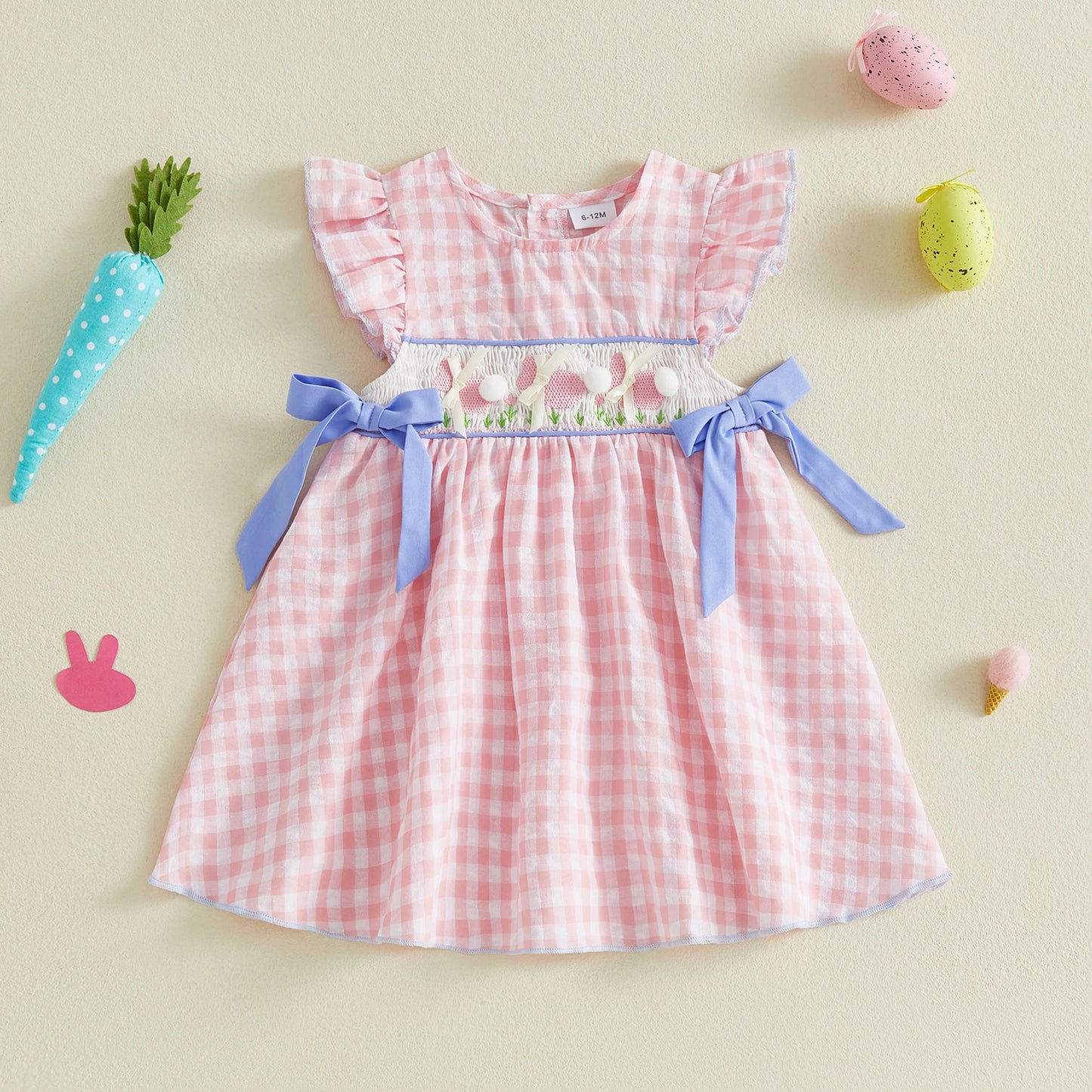 Toddler Baby Girl Easter Dress Flying Sleeve Crew Neck Rabbit Embroidery Plaid Print Bow Decor A Line Dress