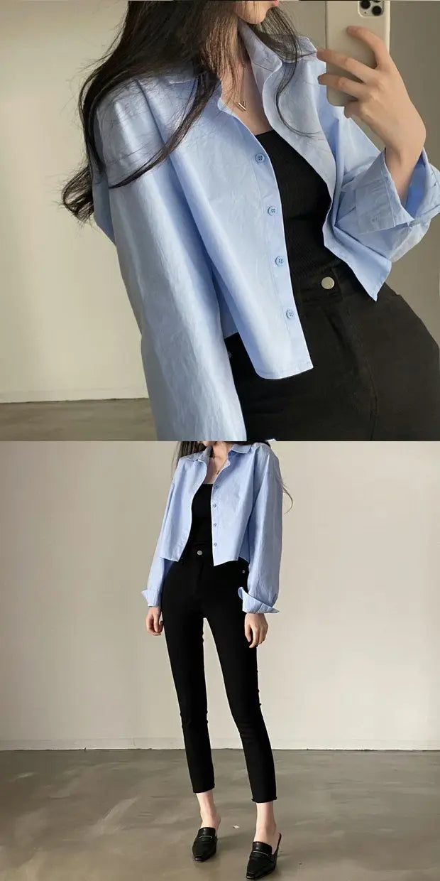 Zadily White Casual Long Sleeve Crop Top Blouse Korea Style Women Spring 2023