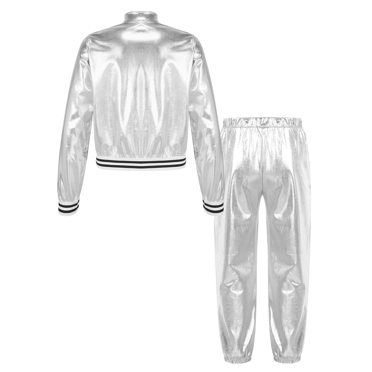Kids Girls Sports Outfits Jazz Hip Hop Street Dance Costume Shiny Metallic Long Sleeves Bomber Jacket Coat with Pants Streetwear