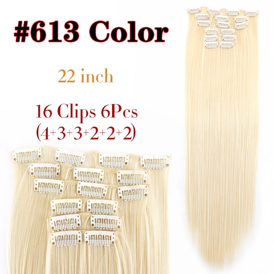 22 Inches Synthetic Long Straight Hairstyle 16 Clips 6Pcs/Set Hair Extensions Blonde Black Hairpieces Heat Resistant For Women