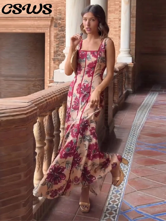 Sexy Printed Flower Long Women's Dress Sleeveless Waist-Closed Slash Neck Lady Dresses Summer Sling Vacation Holiday Robe