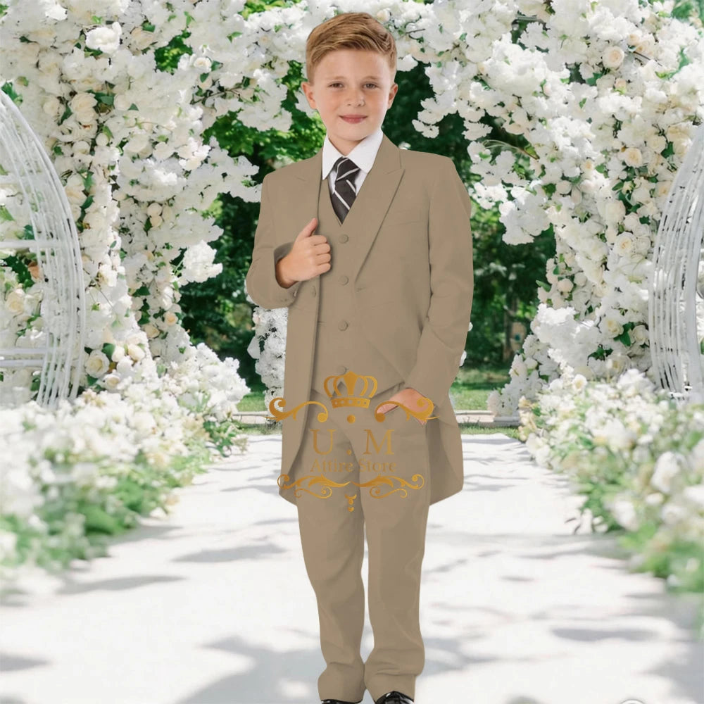 Custom Boys' 3-Piece Tuxedo Set Long Jacket Black Vest Pants Slim Fit Suit for Wedding Birthday Party Children Performances