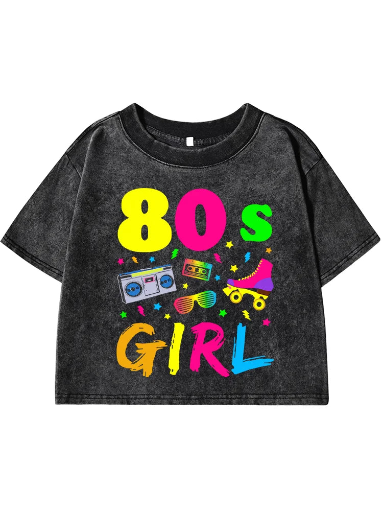 80 S Girl Colorfulprinting Female Washed Short Tshirt Breathable Summer T Shirt Casual Fashion Midriff-Baring Distress Tops