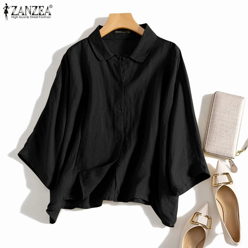 ZANZEA Summer Fashion Lapel Neck Shirt Women Elegant 3/4 Sleeve Blouse Work Buttons Down Tops Tunic Female Casual Loose Blusas