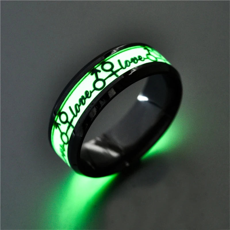 Fashion Love Heart Luminous Finger Ring ECG Stainless Steel Glowing In Dark Music Dragon Couple Rings for Boy Girls Wedding Gift