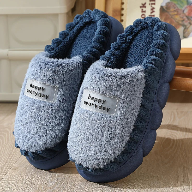 Man slippers home furry thick bottom slides designer winter warm velvet mens slippers blue cotton slipper males shoes