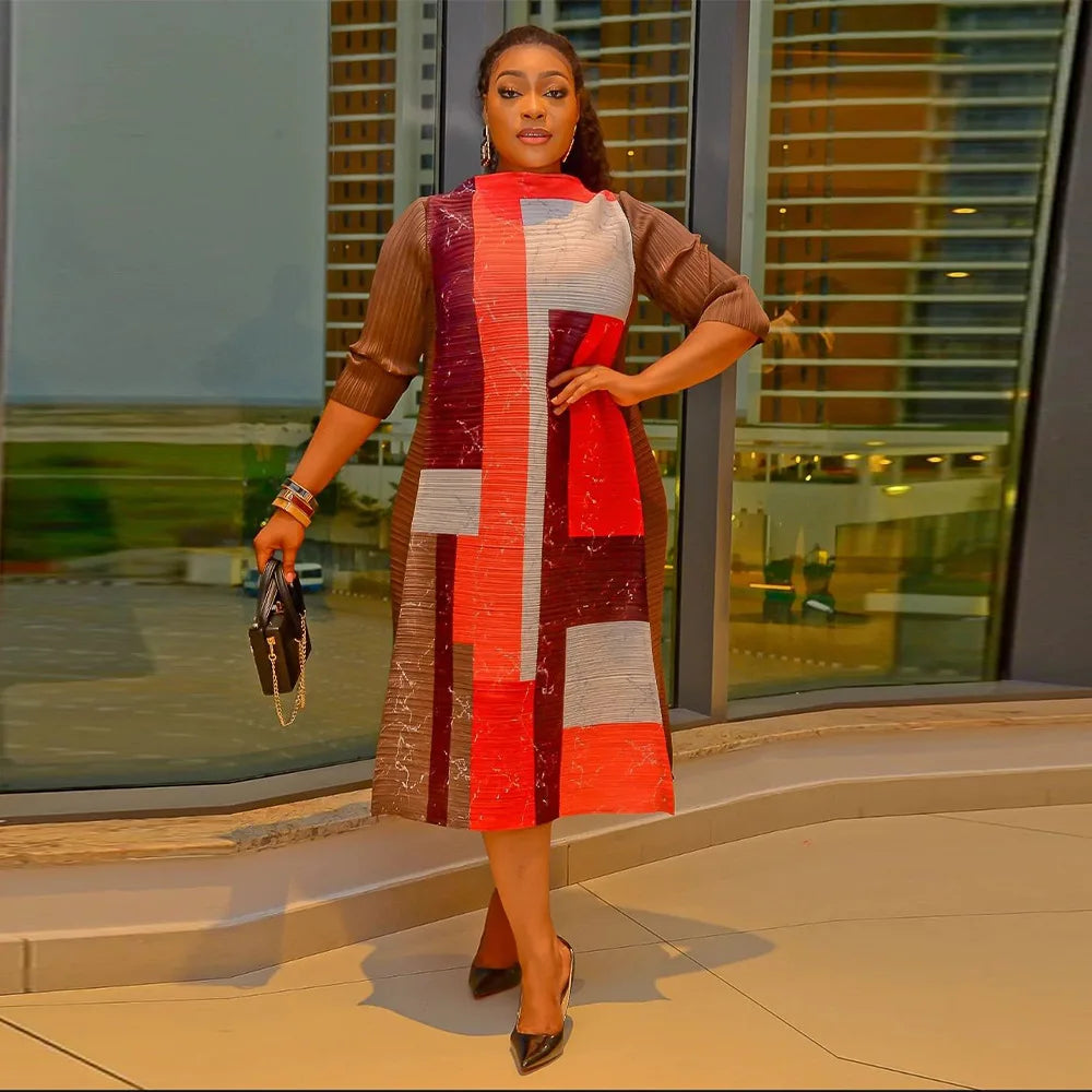 African Dresses for Women Summer Fashion Style African 3/4 Sleeve Polyester O-neck Pleated Dress Dashiki African Clothes Women