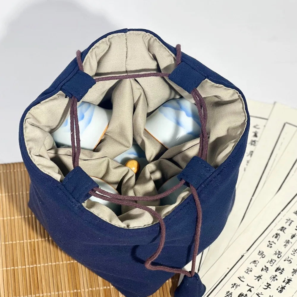 Chinese Style Tea Set Organizer Bag Embroidered Breakage-proof Teacup Drawstring Cloth Pouch Tea Ceremony Accessories