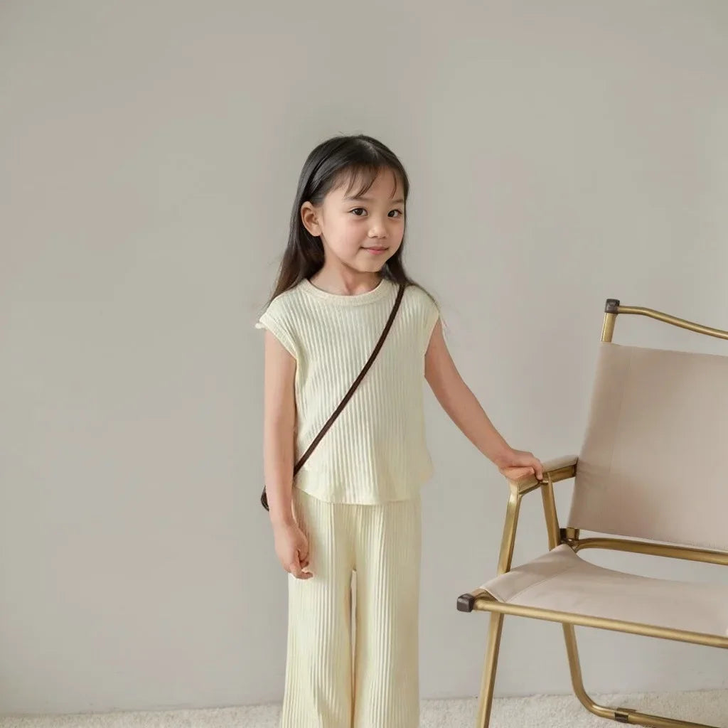 1pcs Summer Children's Clothing Sets Girls Kids Toddler Clothes Solid Color T-shirt Tank Top +Length Pants  Baby Girl Clothes