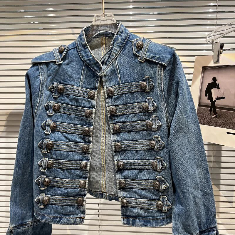 2026 Autumn New Fashion Metal Buckle Design Shoulder Strap Denim Short Jacket For Women High Street Coat Female