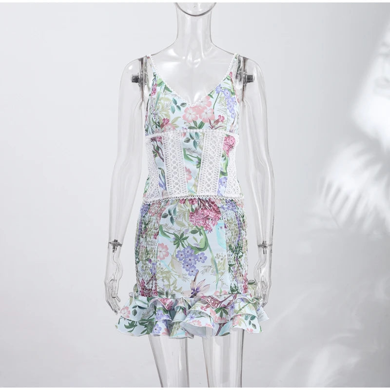 Floral Print Women Mini Skirt Set Lace Sleeveless Hollow Out Cami Shirred Waist Ruffle Hem Short Skirts 2026 Summer Chic Suit