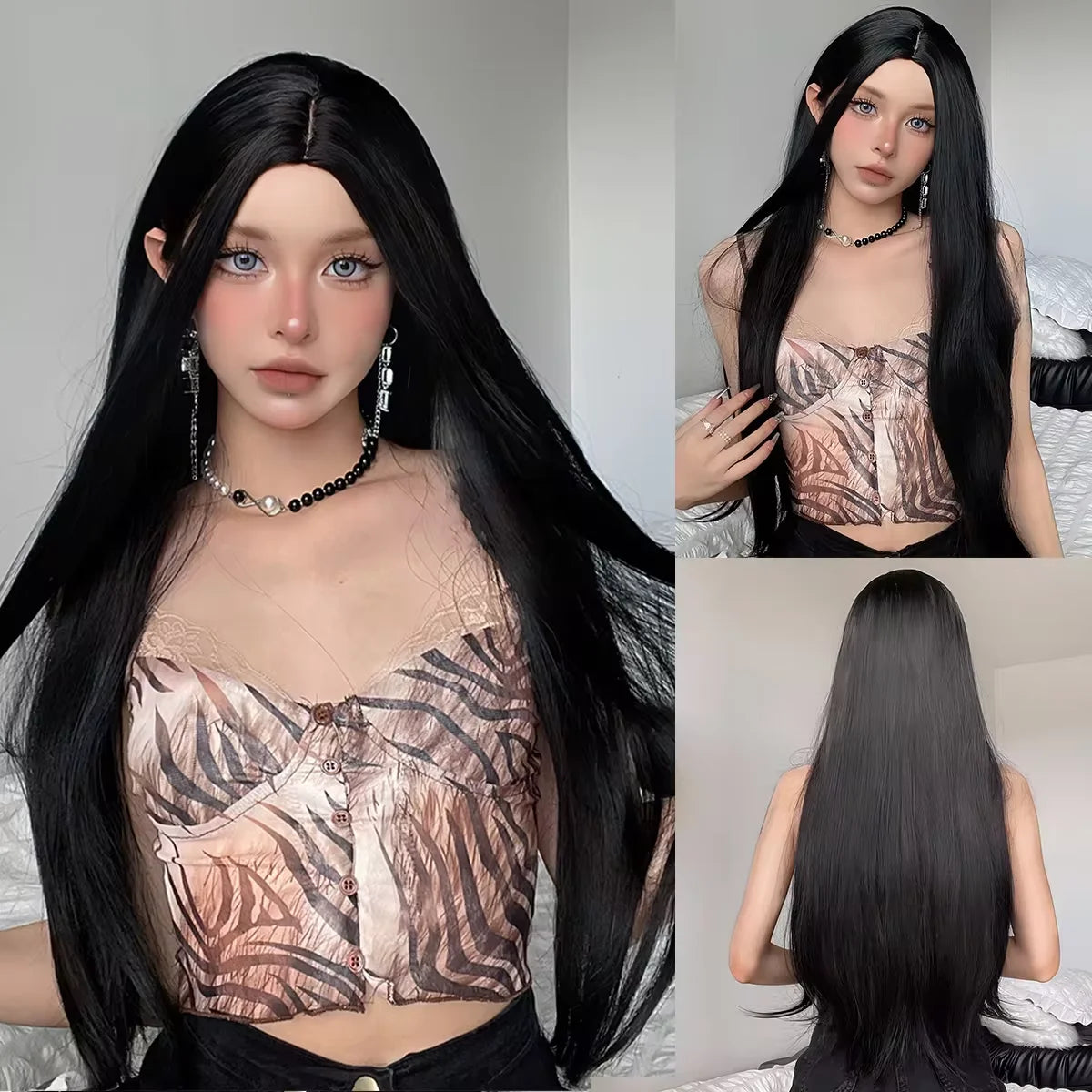 Synthetic Hair Wigs with Full Bangs Black Natrual Long Straight Women' Wig Heat Resistant Synthetic No Lace Wigs for Fashion Wig