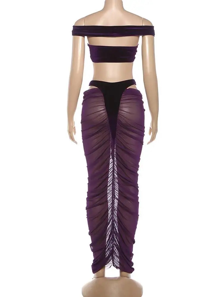 Sexy Fashion 2 Piece Set Woman Velvet Cross Kink Tank Tops+Hollow Design Ruched Long Skirts Club Party Coquette Outfits
