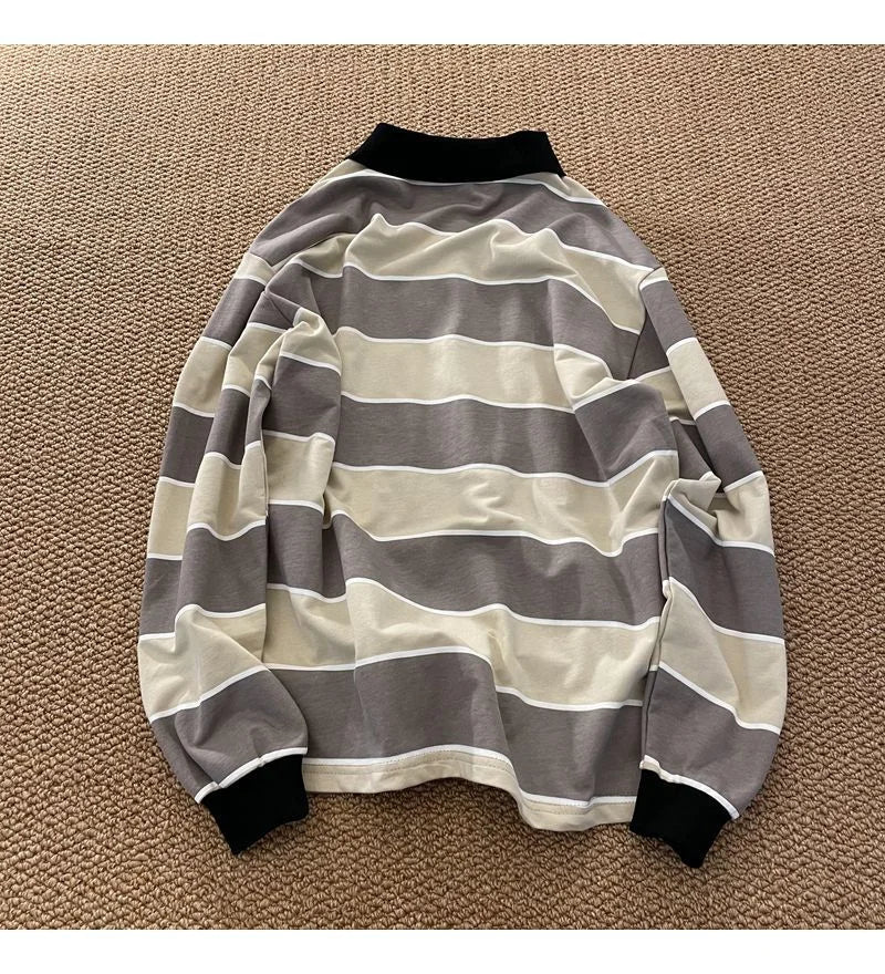 2022 Japan Retro Striped Long-sleeved POLO Shirt Top Men Women Loose Trend Couple BF Lapel Sweatshirt Preppy Hip Hop Cool Shirts