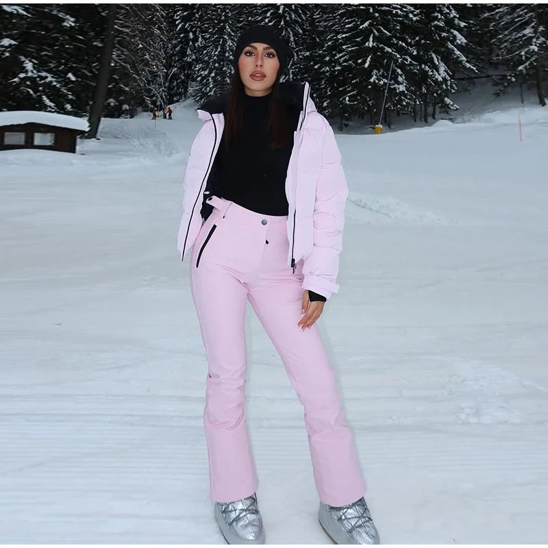 Women  Fur Collar Hooded Skiwear Fashion Solid Thicken Zipper High Waist Slim Outdoor Overalls Jumpsuit  Lady Winter Outwear