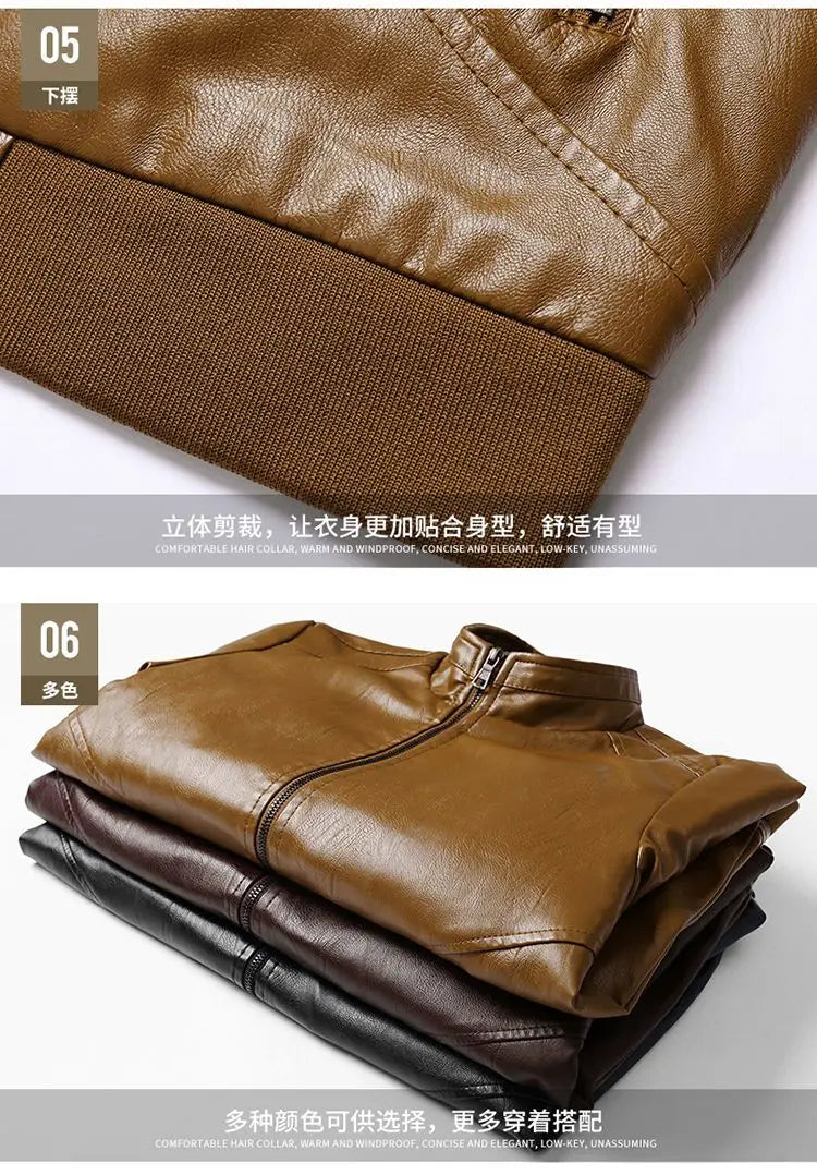 Trendy Casual Loose Jacket for Men with Velvet Thickened Winter with PU Leather Stand Collar