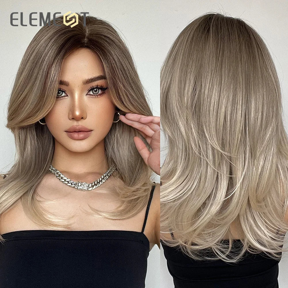 ELEMENT Synthetic Wig Medium Wavy Hair Ombre Brown Blonde Wigs for Women Daily Party Cool Heat Resistant Breathable Headband