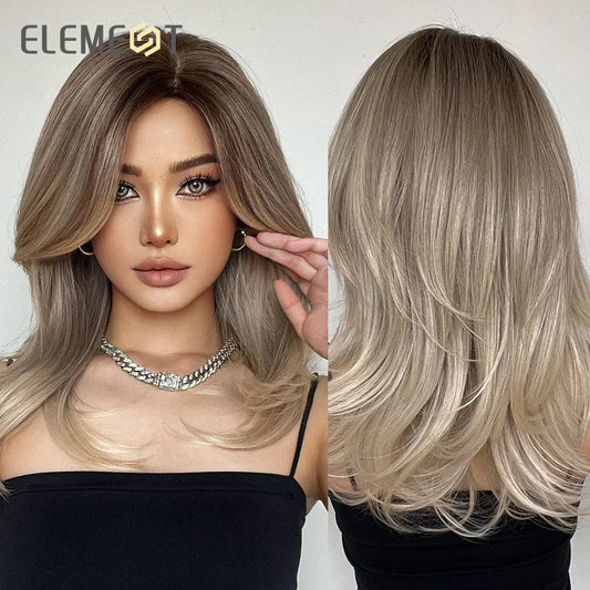 ELEMENT Synthetic Wig Medium Wavy Hair Ombre Brown Blonde Wigs for Women Daily Party Cool Heat Resistant Breathable Headband