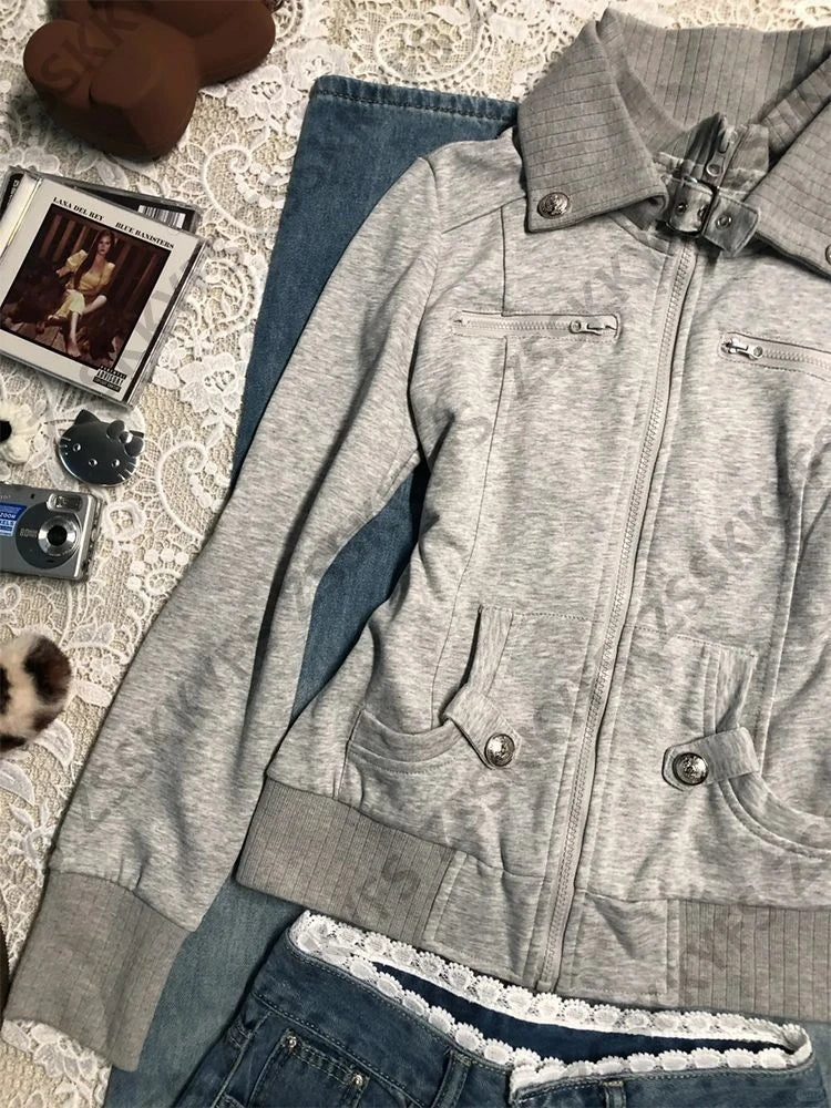 Vintage Coat Zipper Slim Y2k 2000s Womens Goth Punk Streetwear Polo Jacket Sweatshirt Basics Hoodie Autumn Winter Fashion Grunge
