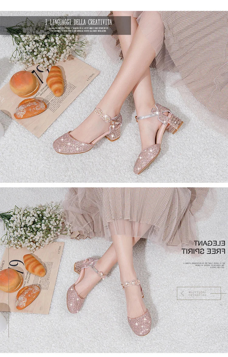 Princess Kids Leather Shoes Girls Sandal Sweet Pearl Casual Glitter Children High Heels Girls Party Dance Shoes Pink Gold Silver