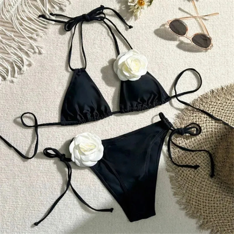 Women Two Piece Bikini Set 3D Floral Bandeau Swimwear Sexy Brazilian Bikini Lace Up Bathing Suit Separate Beachwear For Women