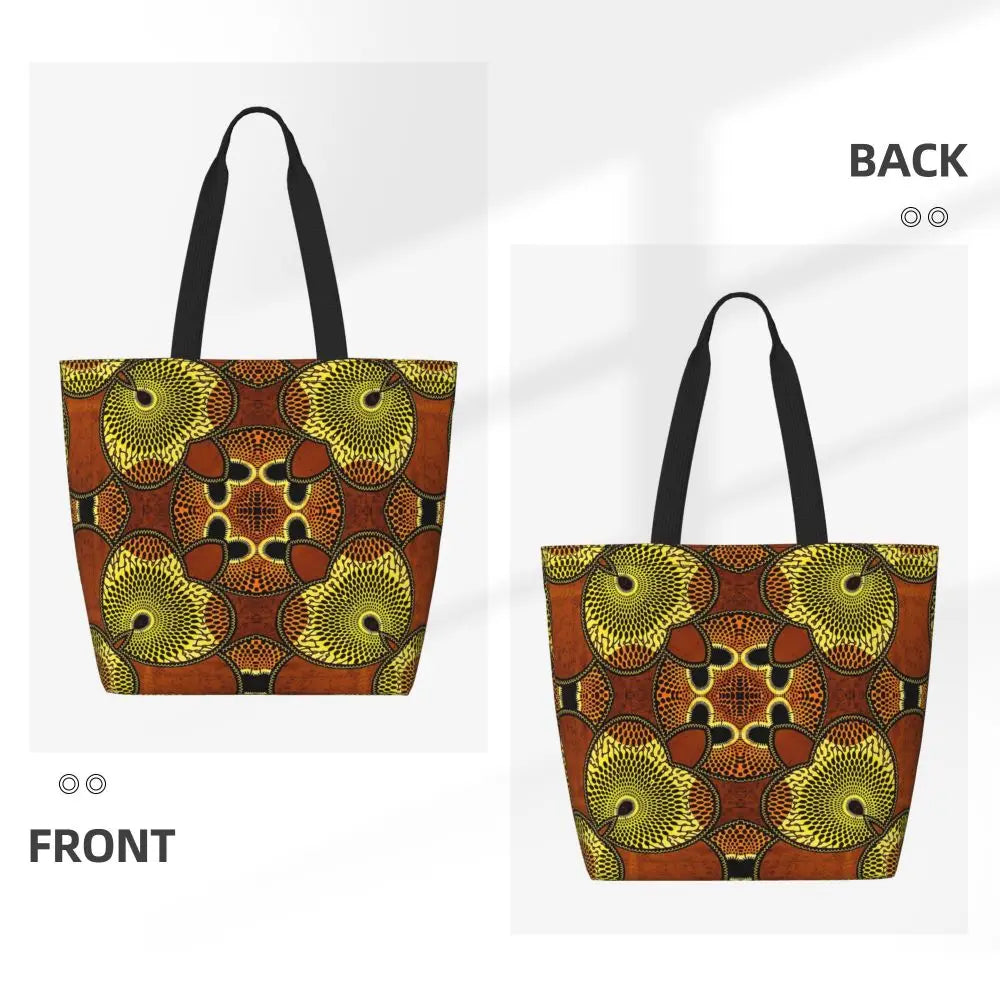 African Ankara Prints Grocery Shopping Tote Bags Women Geometric Ethnic Art Canvas Shoulder Shopper Bags Big Capacity Handbag
