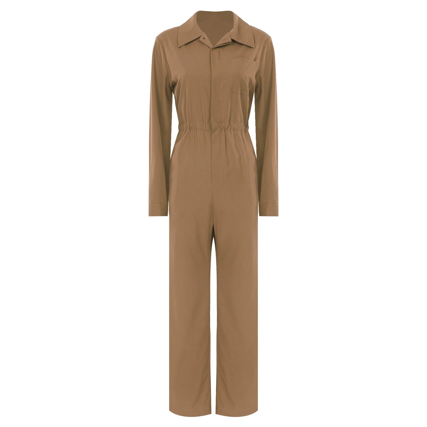 Womens Coverall Solid Color Turn-Down Collar Long Sleeve Button Jumpsuit Mechanic Work Overalls Fashion Casual Cargo Rompers