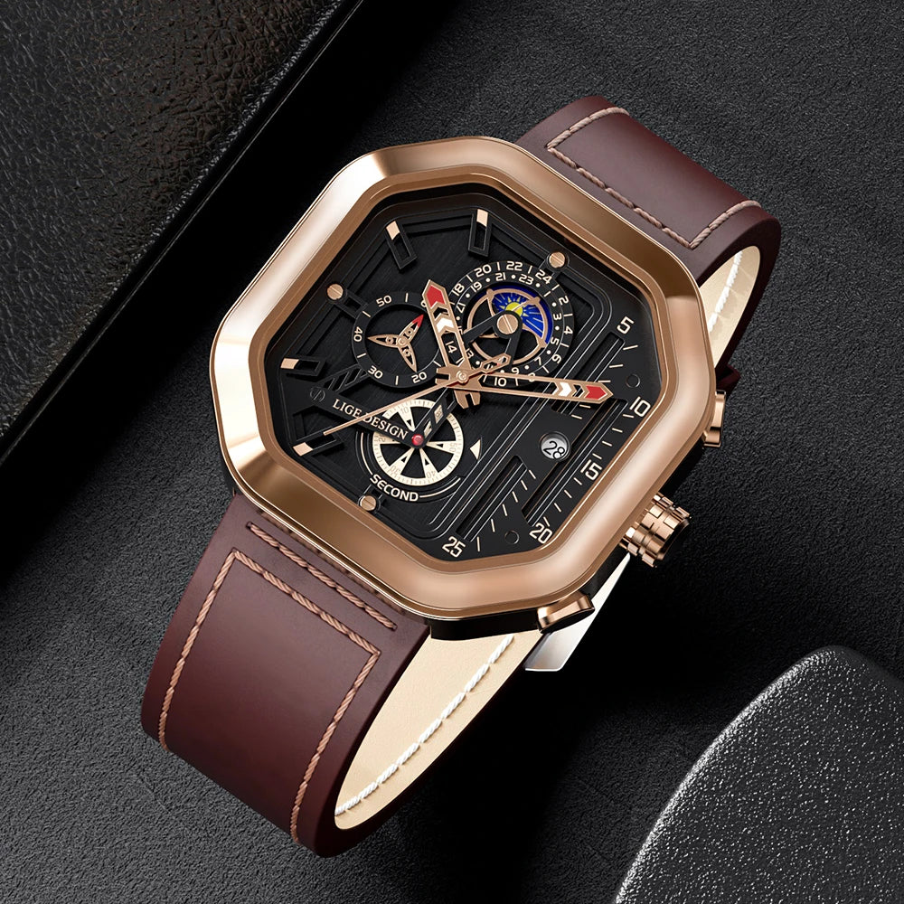 2025 LIGE Business Leather Watch For Men Top Brand Luxury Mens Watches Waterproof Quartz Wrsitwatch 24 Hours Moon Phase Clock