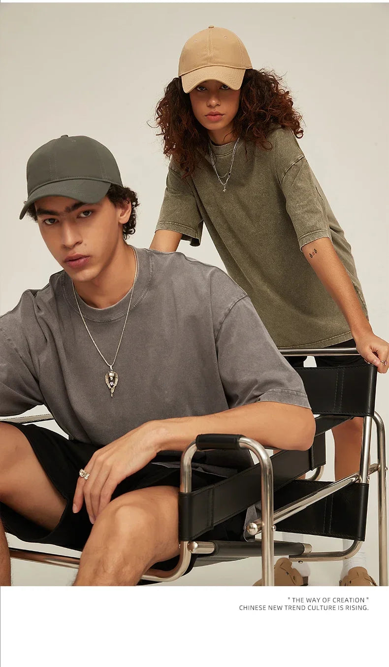 American Style Retro Heavyweight Solid Color Short Sleeved T-shirt Men Women Summer Street Trendy Washed Old Oversized Clothes